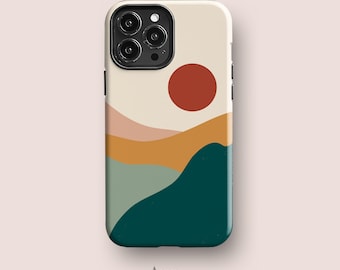 May include: A phone case featuring a cream background with a graphic landscape design. The design includes a solid red circle representing a sun above layered, wavy horizontal bands in shades of light pink, mustard yellow, sage green, and dark teal.