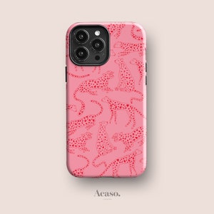 Cute Cheetah Phone Case For iPhone 14, iPhone 13, iPhone 11, iPhone XR, iPhone 8 and More Models, Hearts, Leopard Print in Pink & Red