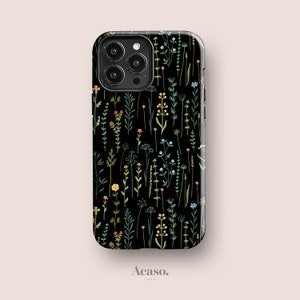 Cute Wild Flowers Phone Case for iPhone 14 Pro Case, for Samsung S22 and Google Pixel 5, More Models - Vintage Floral Case in Black