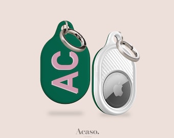 Personalised AirTag Holder in Green - Custom AirTag Keychain for Luggage, AirTag Case with Keyring with Pink Initials