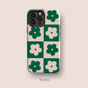 Green Floral Phone Case for iPhone 12, for Samsung S20 and Google Pixel 5, All Models - Cute Checkered Flowers Case by Acaso London