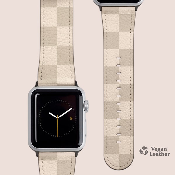 Cream Checkered Watch Strap for Apple Watch Series 1, 2, 3, 4, 5, 6, 7, 8 and SE | Vegan Leather, Eco-Friendly, Checkers