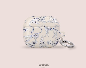 Cheetah Print AirPods Case, Cream Blue Protective Cover, All Generations, Keyring Chain