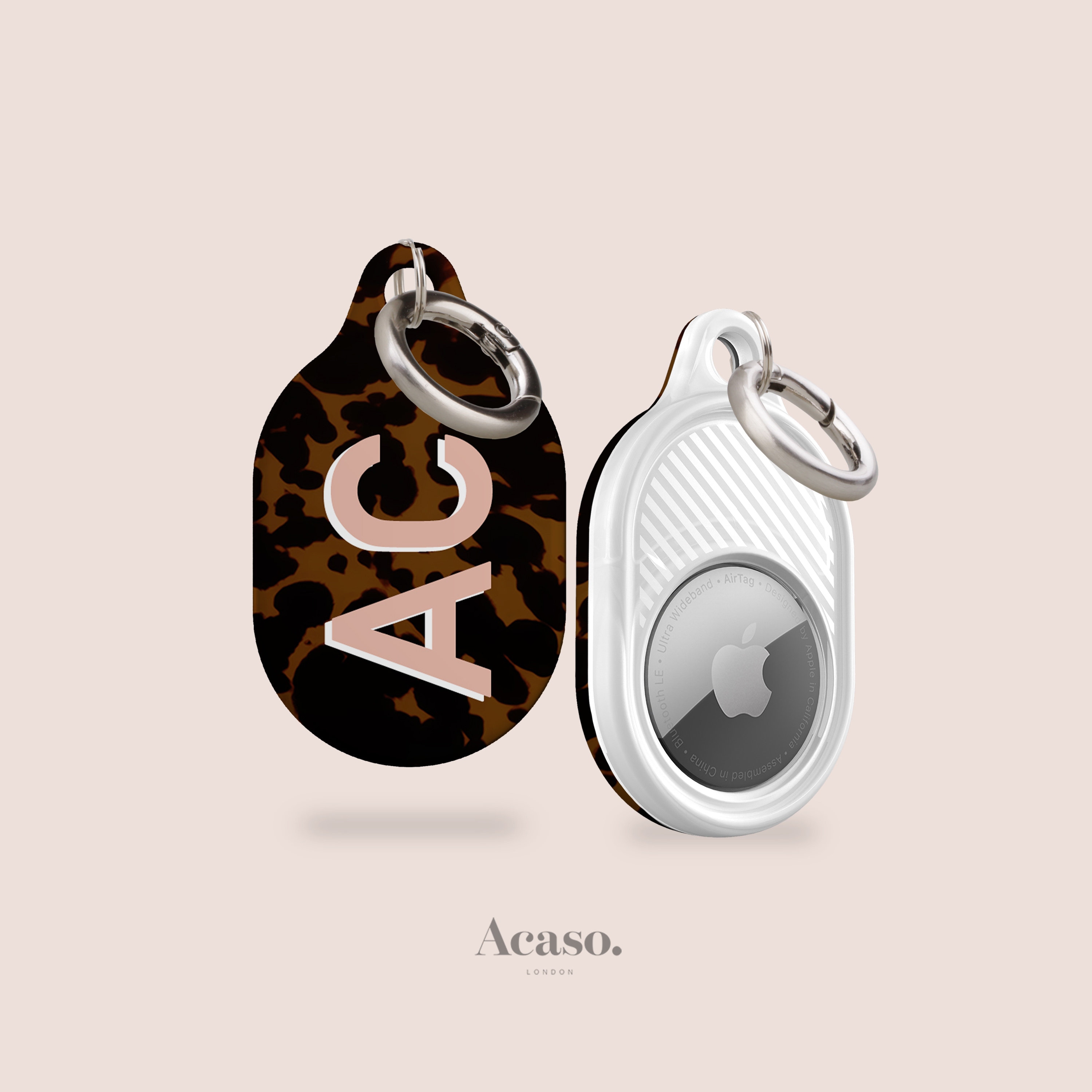 Custom Tortoise AirTag Case with Keyring - Apple AirTag Holder for Luggage, AirTag Case with Keychain with Pink Initials