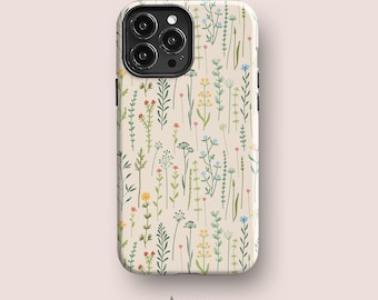Könnte beinhalten: Eine Smartphone-Hülle mit cremefarbenem Hintergrund und einem wiederkehrenden Muster aus verschiedenen Wildblumen und Gräsern in Grün-, Gelb-, Blau- und Rottönen. Die Hülle hat einen schwarzen Kameraausschnitt und den Schriftzug Acaso. London unten.