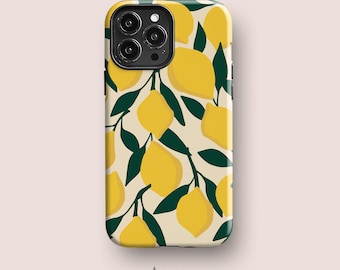 May include: A smartphone case featuring a repeating pattern of bright yellow lemons and dark green leaves on a cream-colored background. The case has a black camera cutout area at the top left corner and the word Acaso. printed in small black text.