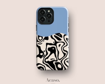 Geo Wavy Phone Case for iPhone 15 Pro, iPhone 14, iPhone 13 iPhone 11 and More Models with Abstract Funky Design in Blue