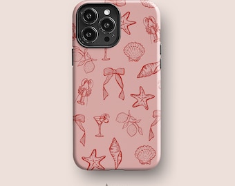 Girly Sommer Handyhülle für iPhone 15, iPhone 14 Pro Case, iPhone 13 Case, iPhone 11 und mehr, Küste, Muscheln, Ozean, Pink, Rot