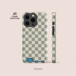 Checkers Credit Card Case for iPhone 14 Case, iPhone 13 Case and for Samsung Models | Card Holder Case, Pale Green, Check