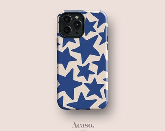 Tough Phone Case with Blue Stars for iPhone 15 Pro, iPhone 14, iPhone 13, iPhone 11 and More Models, Retro, Boho Chic, Minimal