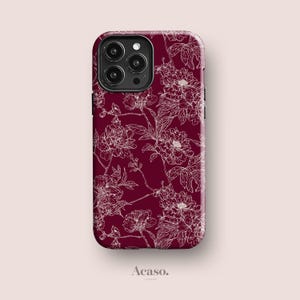 Coque à fleurs bordeaux pour iPhone 16+, iPhone 15 Pro Max, pour iPhone 14, iPhone 13, iPhone 11 et plus encore