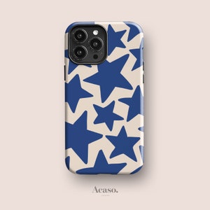 Coque de portable résistante avec étoiles bleues pour iPhone 15 Pro, iPhone 14, iPhone 13, iPhone 11 et modèles plus, rétro, bohème chic, minimaliste