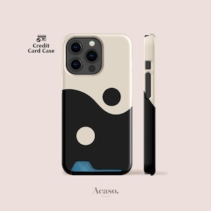 Telefoonhoesje met kaarthouder voor iPhone 14, iPhone 14 Pro en voor Samsung S21, meer modellen met Yin Yang-ontwerp in zwart-wit
