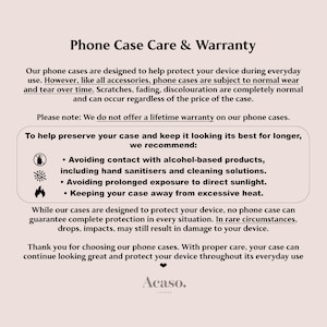 The image is a single image that contains text and icons related to phone case care and warranty.