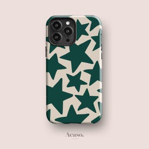 Tough Phone Case with Green Stars for iPhone 15 Pro, iPhone 14, iPhone 13, iPhone 11 and More Models, Retro, Boho Chic, Minimal