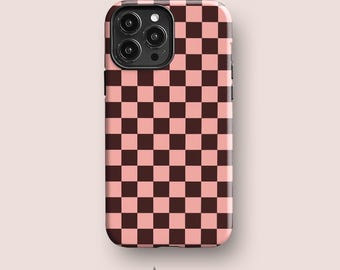 Brown Peach Check iPhone, Galaxy, Pixel Case: Trendy Fall Phone Cover