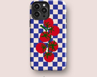 Blue Checker Vine Tomatoes Phone Case for iPhone 17, Galaxy S25 & Pixel 10 Series