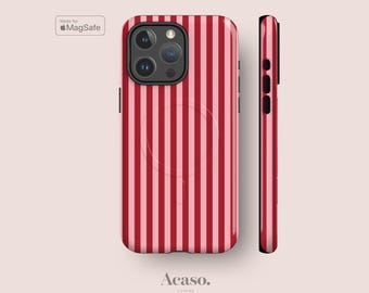 Rosa, rote Streifen MagSafe-Hülle nur für iPhone 16, iPhone 15, iPhone 14-Serie & mehr Premium Tough Phone Cases
