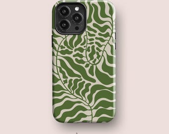 May include: A smartphone case featuring a repeating organic pattern of wavy, flowing lines in deep forest green against a light cream background. The case has a cutout for a triple-lens camera system on the top left corner and the text Acaso. London.