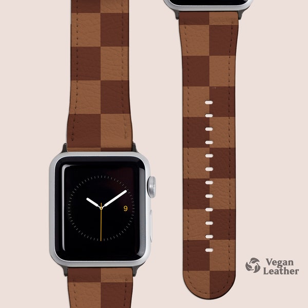 Brown Checkered Watch Strap for Apple Watch Series 1, 2, 3, 4, 5, 6, 7, 8 and SE | Vegan Leather, Eco-Friendly, Checkers