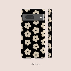 Phone Case for Google Pixel 8 Case, Pixel 7, Pixel 6, Pixel 5 and Pixel 4 with Retro Y2K Flowers in Black