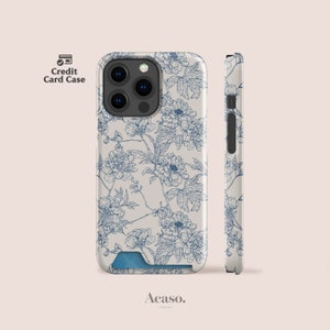 Classic Flowers Card-hoesje voor iPhone 15 en Galaxy S22 in blauw - Meer creditcardhoesjes bij AcasoLondon