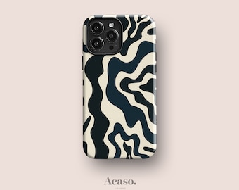 Coque de portable abstraite ondulée pour iPhone 15 Pro, iPhone 14, iPhone 13 et plus modèles (marine et noir)