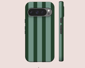 May include: A smartphone case featuring a vertical striped pattern in alternating shades of dark forest green and muted sage green. The case includes a horizontal camera cutout at the top and side button covers. The text Acaso. LONDON is printed below.