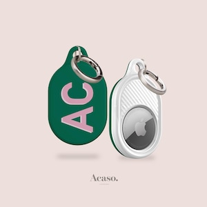 Personalised AirTag Holder in Green - Custom AirTag Keychain for Luggage, AirTag Case with Keyring with Pink Initials
