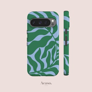 May include: A smartphone case featuring a repeating pattern of dark green and light blue organic leaf shapes. The case displays a horizontal camera cutout at the top and includes a side view showing the matching green and blue leaf pattern.