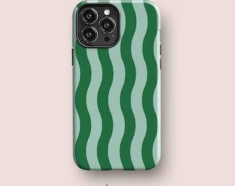Green Striped Wave Phone Case, Modern iPhone Cover
