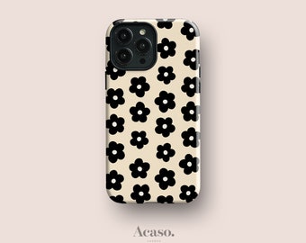Phone Case Aesthetic Flowers for iPhone 14, iPhone 13, iPhone 12, iPhone 11 and More Models in Cream & Black