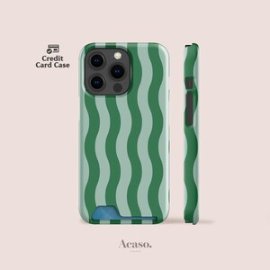 Funda para tarjetas de crédito con diseño ondulado verde para iPhone 16, iPhone 15, iPhone 14, iPhone 13, Galaxy S22 y más.