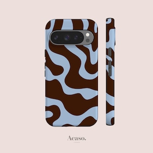May include: A smartphone case featuring a wavy, abstract pattern in dark brown and light blue. The case displays a horizontal camera bar cutout at the top and a side profile view showing button cutouts. The text Acaso. is printed at the bottom.