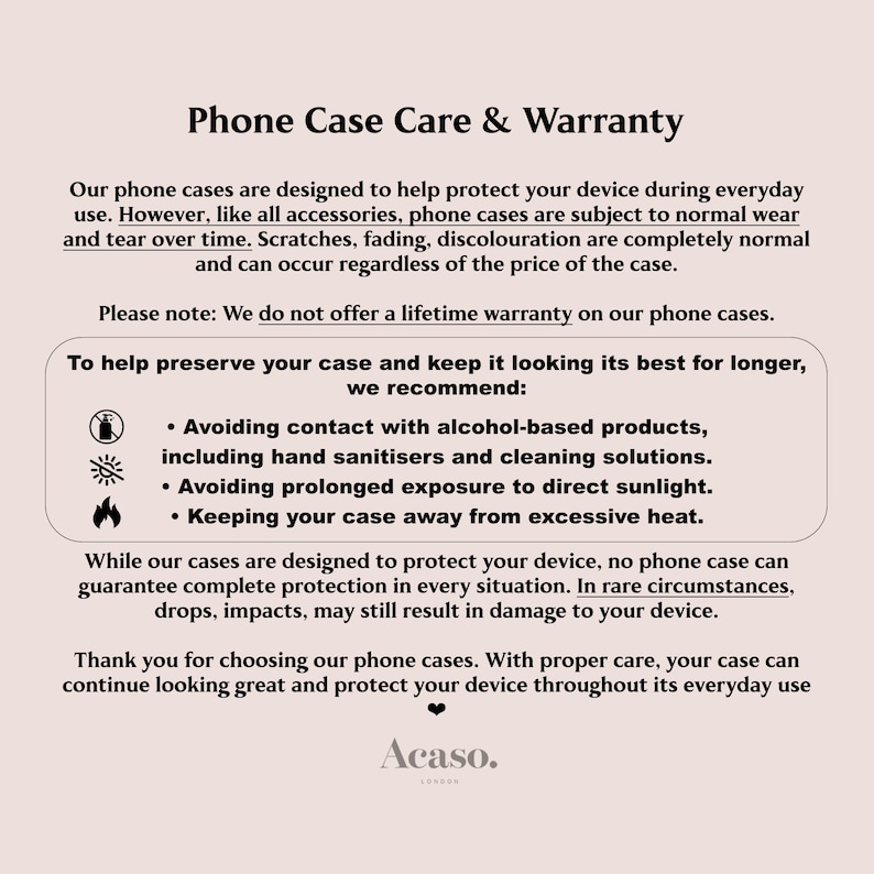 The image is a single image that contains text and icons related to phone case care and warranty.