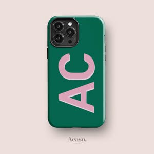 Gepersonaliseerde groene telefoonhoes voor iPhone 14, voor Samsung S23 en Google Pixel 7, alle modellen | Monogram, aangepaste initialen, roze