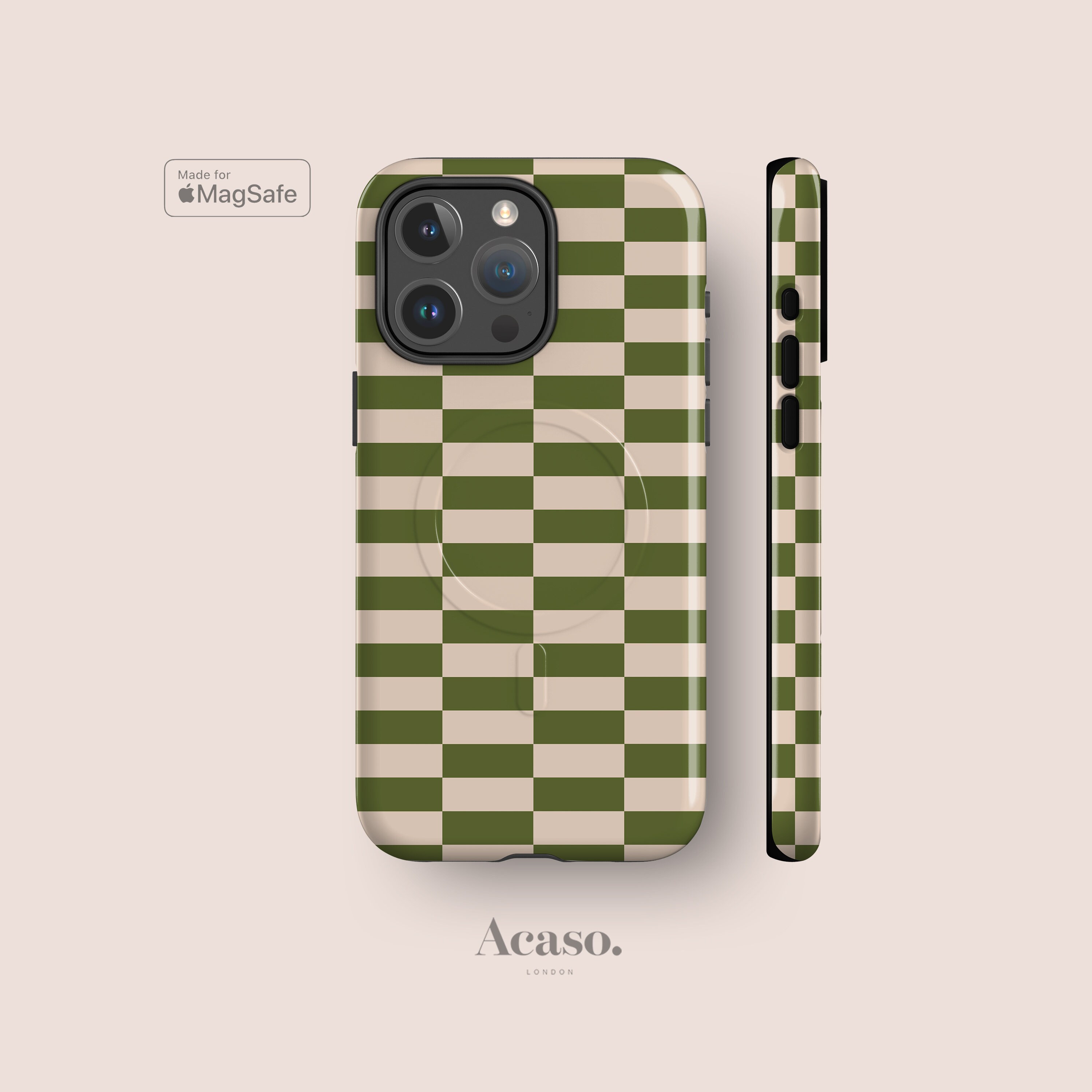 MagSafe Phone Case for iPhone 15 - Checkered Olive Green Case for iPhone 15 Pro and iPhone 15 Pro Max by Acaso