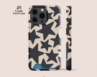 Wonky Stars Phone Case with Card Holder for iPhone 15 Pro, iPhone 14 and for Samsung S22 Models | Retro, Black
