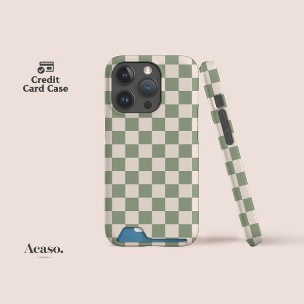 Checkers Credit Card Case for iPhone 14 Case, iPhone 13 Case and for Samsung Models | Card Holder Case, Pale Green, Check