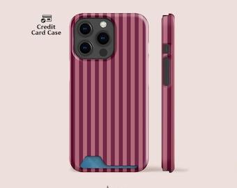 Deep Rose Striped Card Case for iPhone 16, iPhone 15, iPhone 14, iPhone 13, iPhone 12 & More Cases with Card Holder