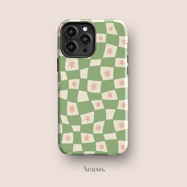 FLOWER CHECKERS Sage Phone Case | iPhone 11, iPhone 11 Pro Max, iPhone 8 Plus, More Models | Wavy Checkered Phone Case, Y2K, Geometric, Pink