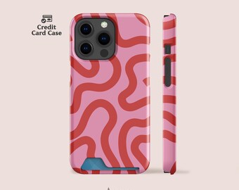 Étui rose avec dessin au trait avec porte-cartes pour iPhone 16 Pro, iPhone 15, iPhone 14, Galaxy S23 et plus encore Coques de téléphone par Acaso