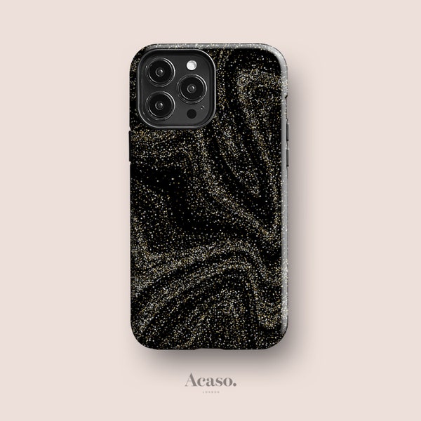 Dark Stars Phone Case for iPhone 14, iPhone 13 Pro, iPhone 12, iPhone 11 and More Models - Aesthetic Printed Glitter Case in Black & Gold