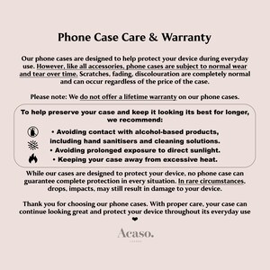 The image is a single image that contains text and icons related to phone case care and warranty.