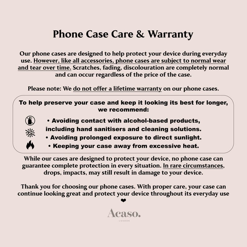 The image is a single image that contains text and icons related to phone case care and warranty.