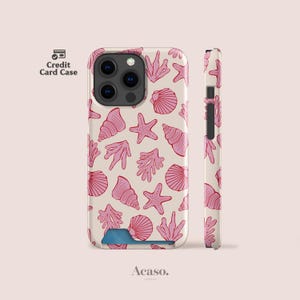 Pink Shells Card-hoesje voor iPhone 16 Pro, iPhone 15+, iPhone 14 Pro & More kaarthouder zomertelefoonhoesjes