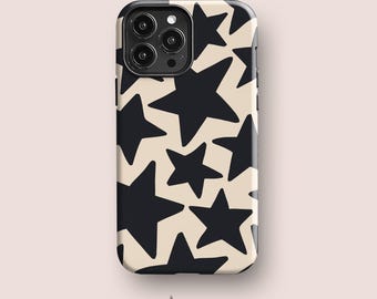 May include: A smartphone case featuring a repeating pattern of black stars on a light beige background. The case has a cutout for a triple-lens camera system on the top left corner. The word Acaso. is printed in small black text at the bottom.