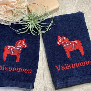 Set of 2 Swedish Dala Horse Valkommen Fingertip Towels or 1 Hand towel.