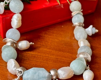 Statement Aquamarine andf pearl necklace