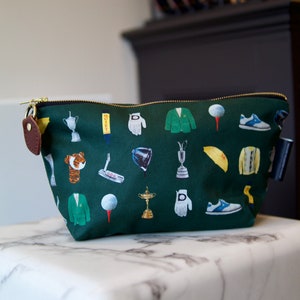 Premium Golf inspired Wash bag 100% Cotton Waterproof lining leather pull tag Made in UK Fathers Brother golf Travel bag hand-painted design Dark Green